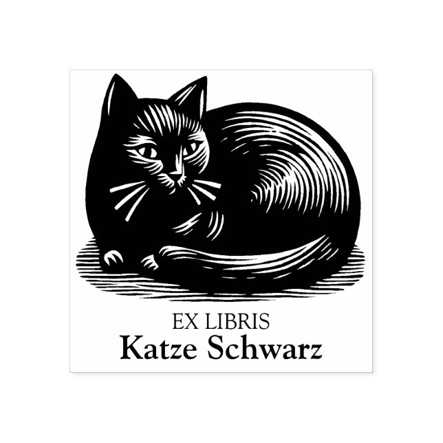 Ex Libris - Black Cat Woodcut Style Rubber Stamp (Imprint)
