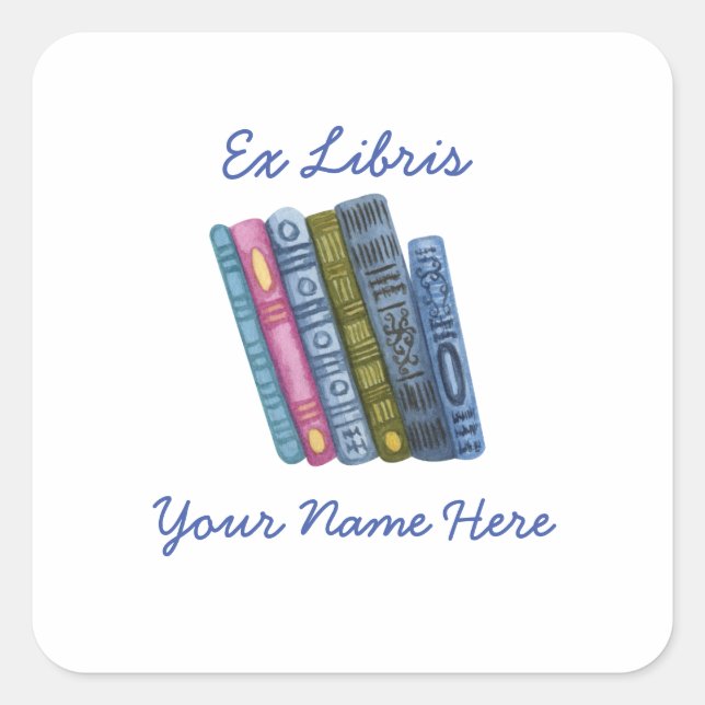Ex Libris Blue Bookplate Square Sticker (Front)