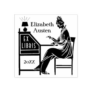 Ex Libris Bookplate Deco Lady Writing Desk Custom Rubber Stamp