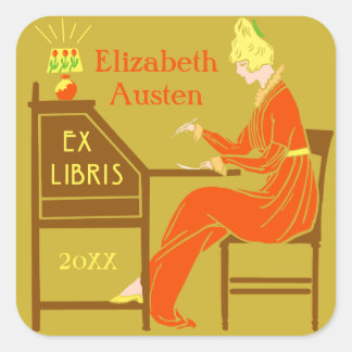 Ex Libris Bookplate Deco Lady Writing Desk Custom Square Sticker