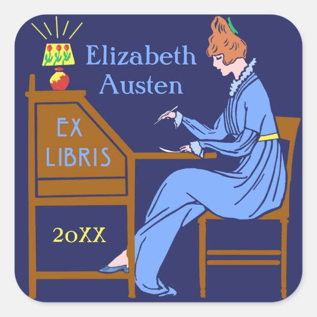 Ex Libris Bookplate Deco Lady Writing Desk Custom Square Sticker (Front)