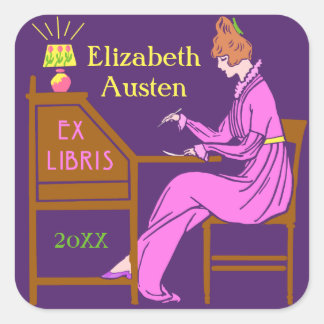 Ex Libris Bookplate Deco Lady Writing Desk Custom Square Sticker