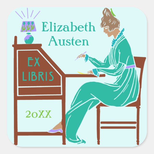 Ex Libris Bookplate Deco Lady Writing Desk Custom Square Sticker (Front)