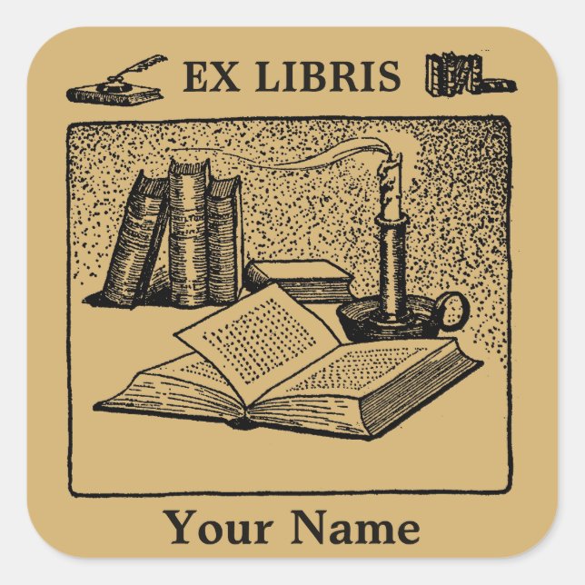 Ex Libris Candle Pen Ink Book Template Square Sticker (Front)