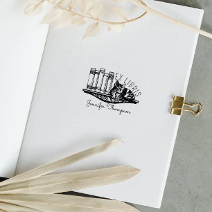 Ex Libris Cat Bookshelf Rubber Stamp