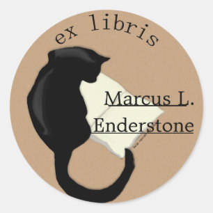 ex libris, cat reading classic round sticker
