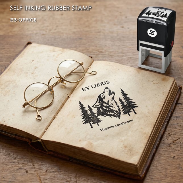 Ex Libris Howling Wolf in Woods Custom Book  Self-inking Stamp (Self-inking Wolf Stamp (1.5"x1.5"). Choose your ink color. )