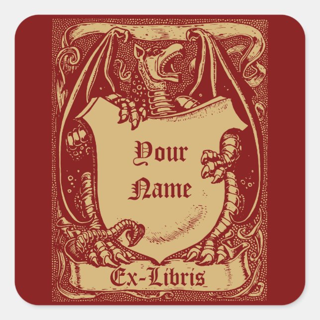 Ex Libris Mediaeval Dragon With Shield Template Square Sticker (Front)