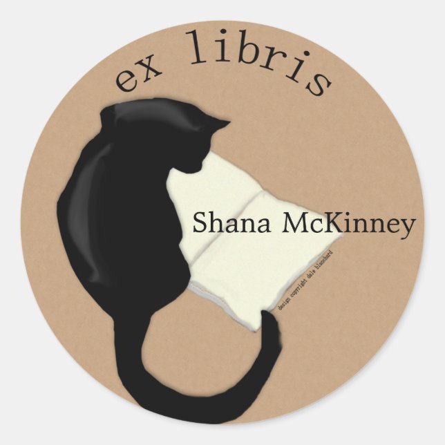 Ex Libris Reading Cat Rounded  Bookplate Classic Round Sticker (Front)