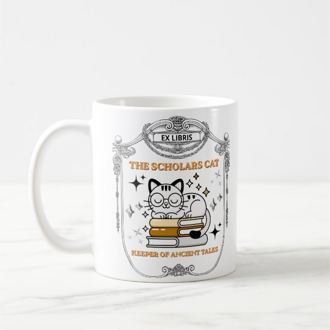 Ex Libris Scholar Cat Dark Academia Coffee Mug (Left)