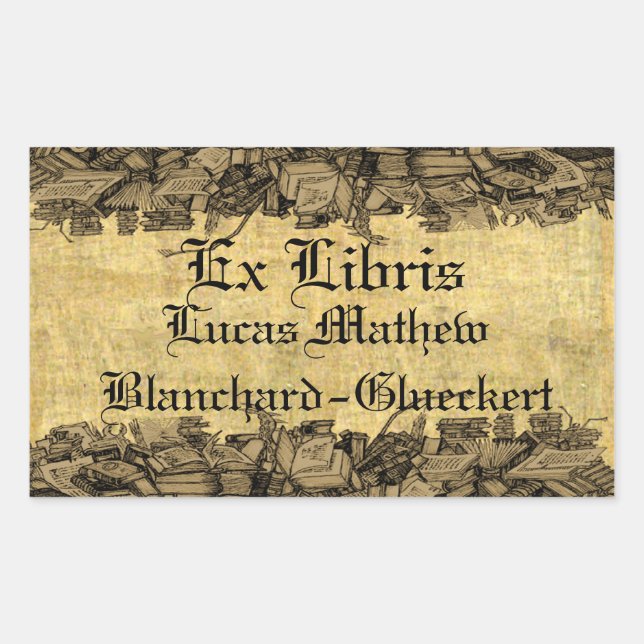 Ex Libris - surrounded by piles of books Bookplate Rectangular Sticker (Front)