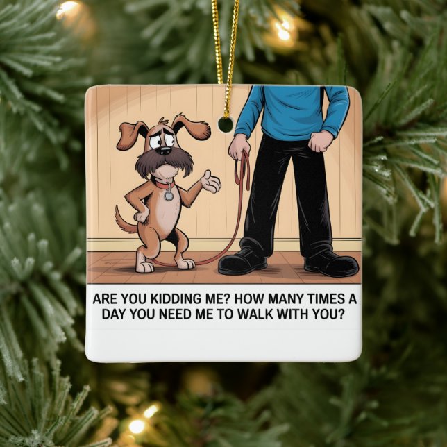 Exasperated Dog Funny Walking Cartoon Ceramic Ornament (Tree)