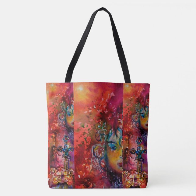 EXCALIBUR EPIC SWORD, Lady of the Lake Red Yellow Tote Bag (Front)