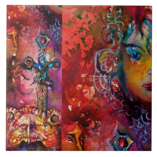 EXCALIBUR,QUEEN OF MAGIC SWORD Fantasy Red Yellow Ceramic Tile (Front)