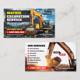 Excavating, Land clearing, Construction, Excavator Business Card