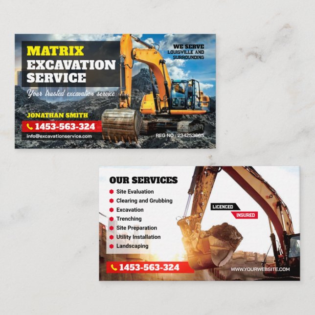 Excavating, Land clearing, Construction, Excavator Business Card (Front/Back)