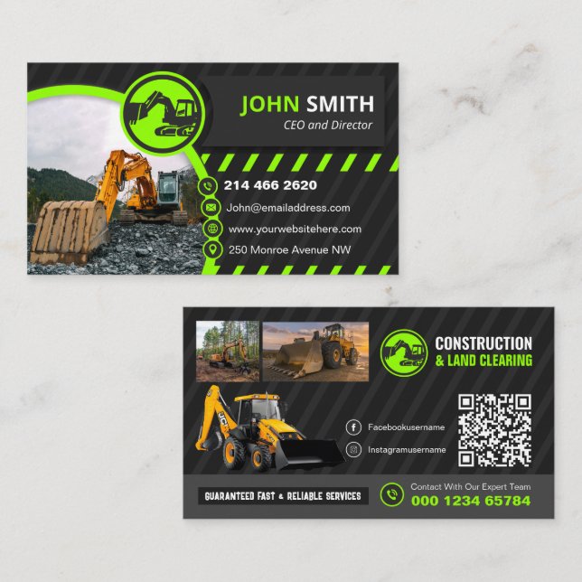 Excavating, mulching, land clearing, Construction Business Card (Front/Back)