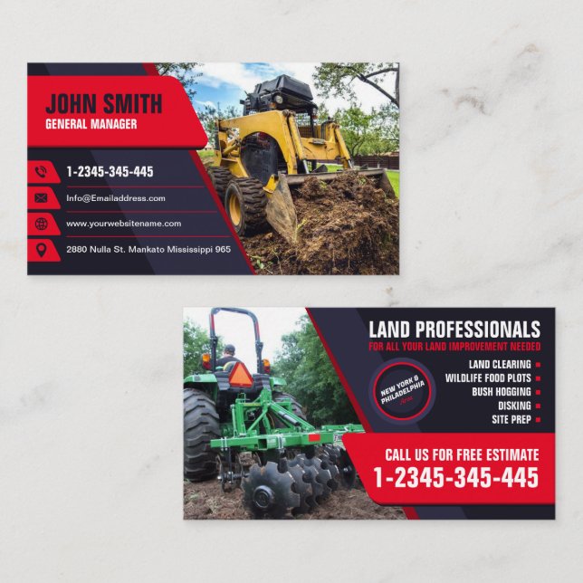 Excavating, mulching, land clearing, Tractor, Bush Business Card (Front/Back)