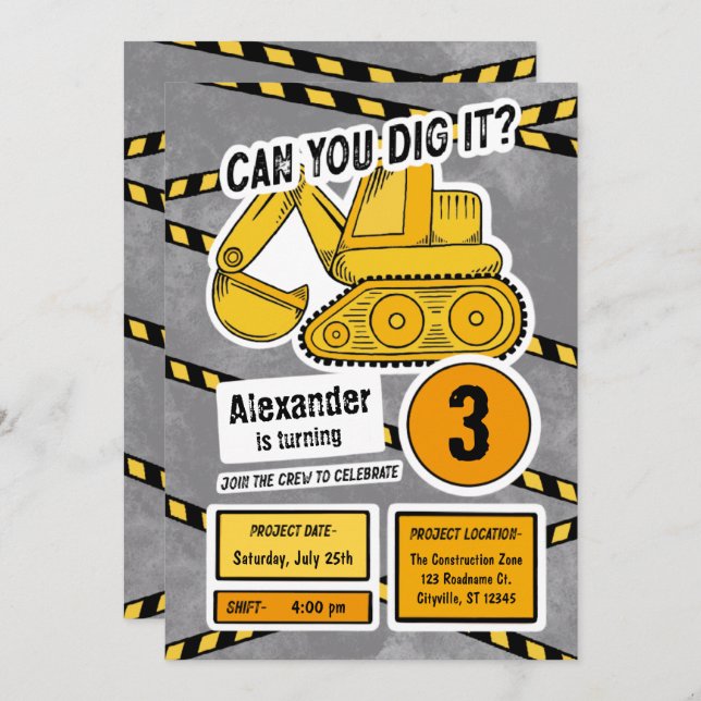 Excavator Birthday Party Invitation for Kids (Front/Back)