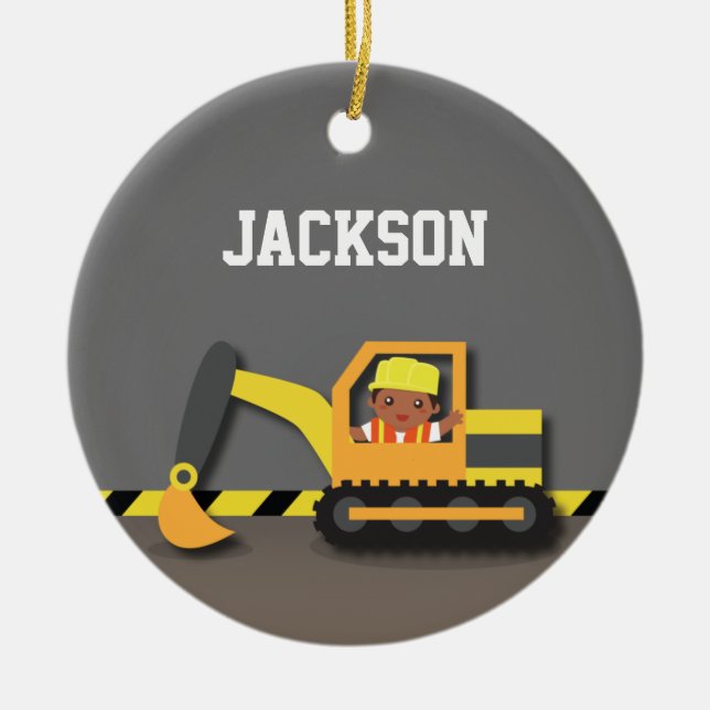 Excavator Construction African American Boy Ceramic Ornament (Front)