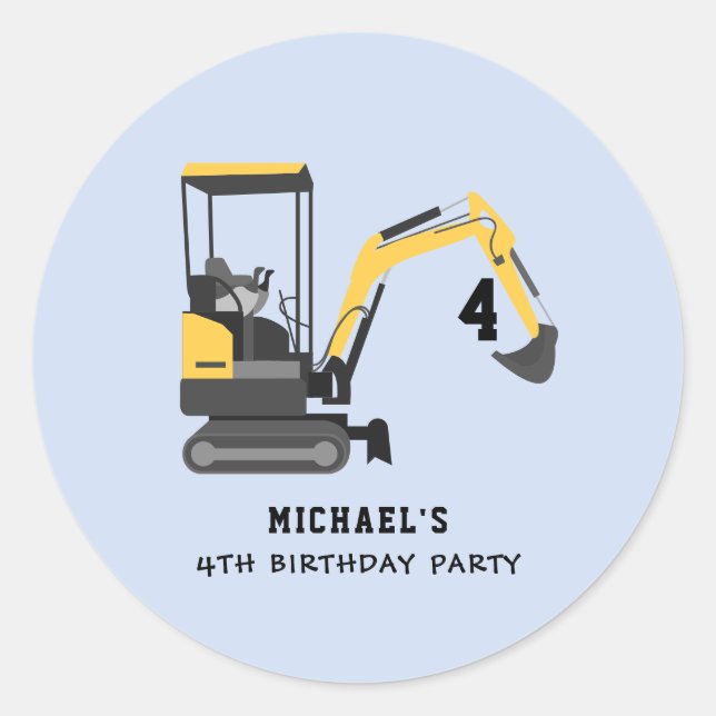 Excavator Construction Any Age Birthday Classic Round Sticker (Front)