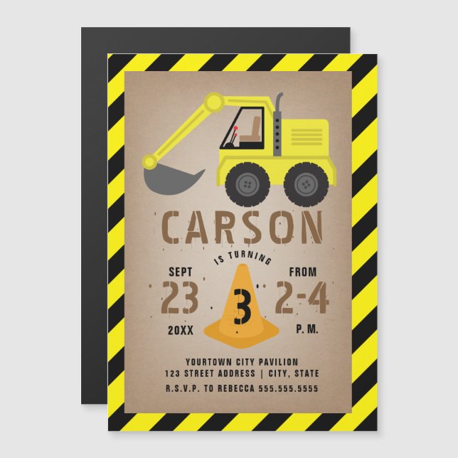 Excavator Construction Birthday Magnetic Invitation (Front/Back)