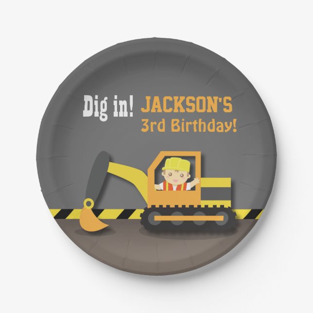 Excavator Construction Birthday Party Supplies Paper Plate (Front)
