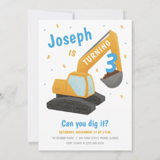Excavator Construction Blue Kids Birthday Party Invitation