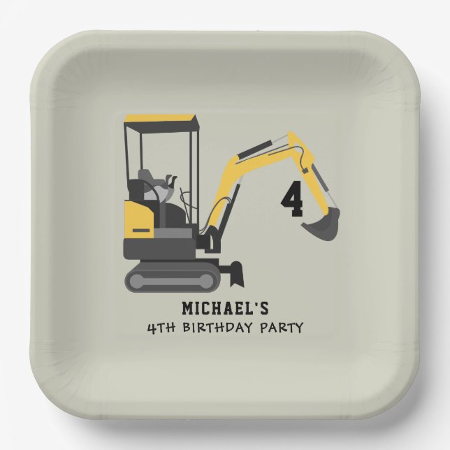 Excavator Construction Builder Any Age Birthday Paper Plate (Front)