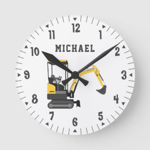 Excavator Construction Builder Boys Room Decor Round Clock