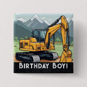 Excavator Construction Equipment Digger Birthday  15 Cm Square Badge