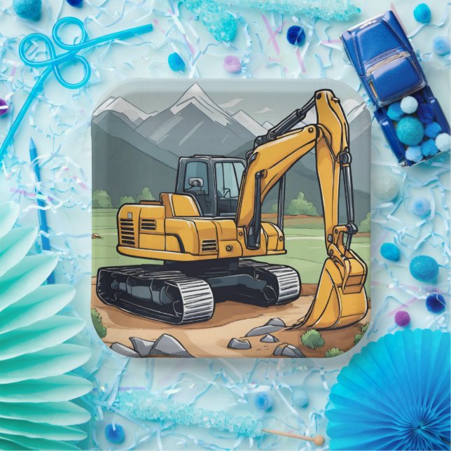 Excavator Construction Equipment Digger Birthday  Paper Plate (Party)
