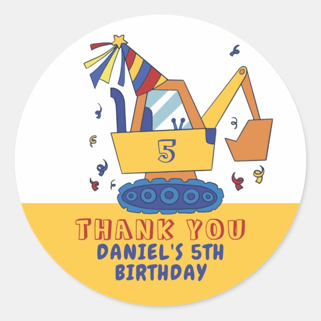 Excavator Construction Kids Boys Birthday Party Classic Round Sticker (Front)
