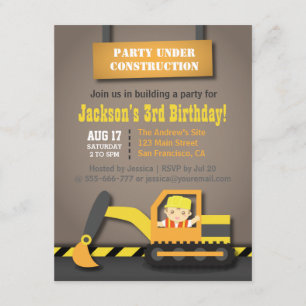 Excavator Construction Theme Kids Birthday Party Invitation