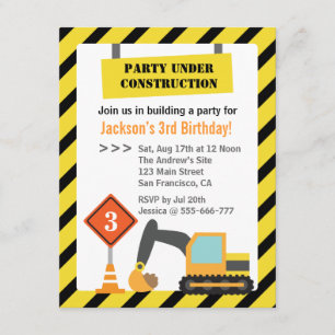 Excavator Construction Theme kids Birthday Party Invitation