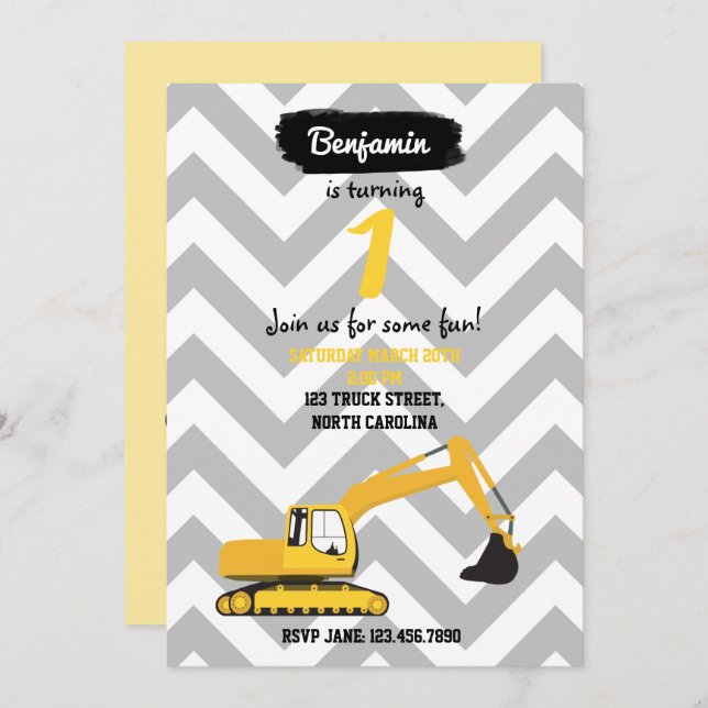 Excavator Construction Truck Birthday Invitation (Front/Back)