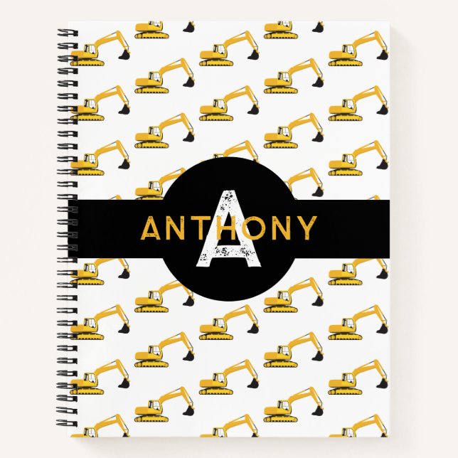 Excavator Construction Truck Kids Monogram Notebook (Front)
