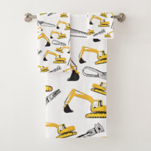 Excavator Construction Trucks and Tools Pattern Bath Towel Set