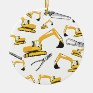 Excavator Construction Trucks and Tools Pattern Ceramic Ornament
