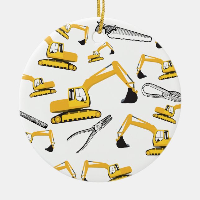 Excavator Construction Trucks and Tools Pattern Ceramic Ornament (Front)