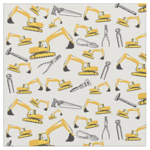 Excavator Construction Trucks and Tools Pattern Fabric