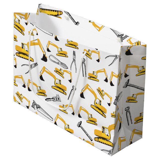 Excavator Construction Trucks and Tools Pattern Large Gift Bag (Front Angled)