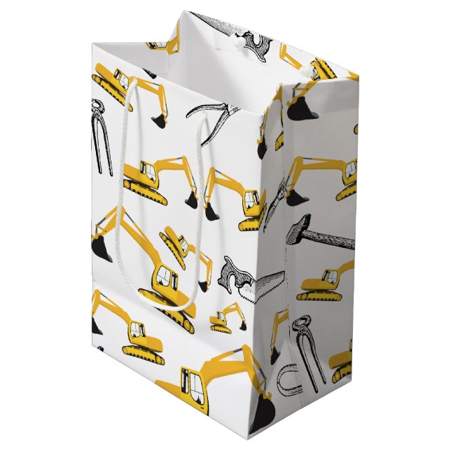 Excavator Construction Trucks and Tools Pattern Medium Gift Bag (Front Angled)