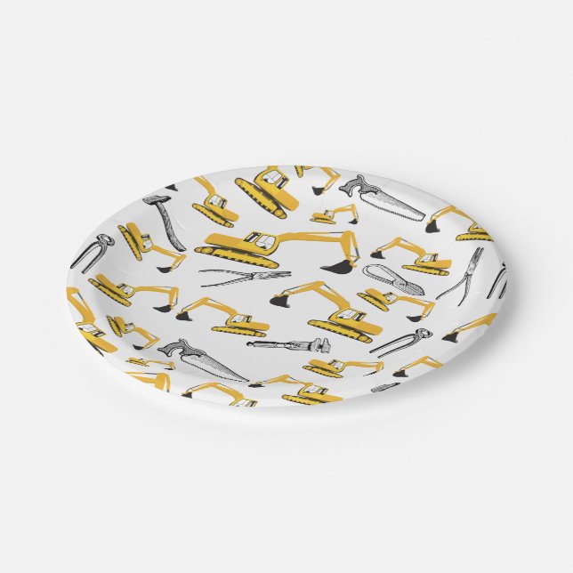 Excavator Construction Trucks and Tools Pattern Paper Plate (Angled)