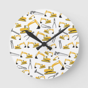 Excavator Construction Trucks and Tools Pattern Round Clock