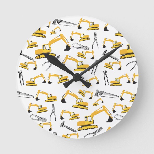 Excavator Construction Trucks and Tools Pattern Round Clock (Front)