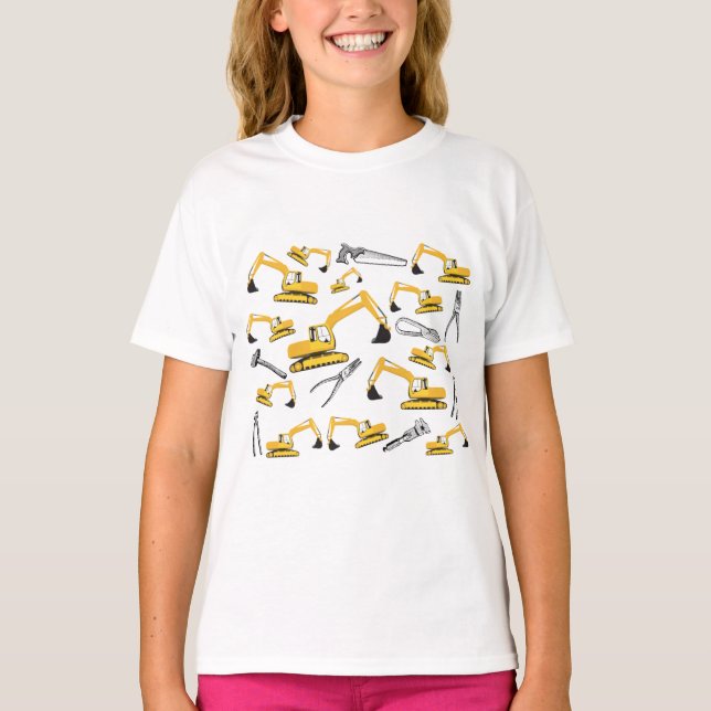 Excavator Construction Trucks and Tools Pattern T-Shirt (Front)