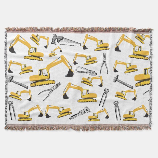 Excavator Construction Trucks and Tools Pattern Throw Blanket (Front)