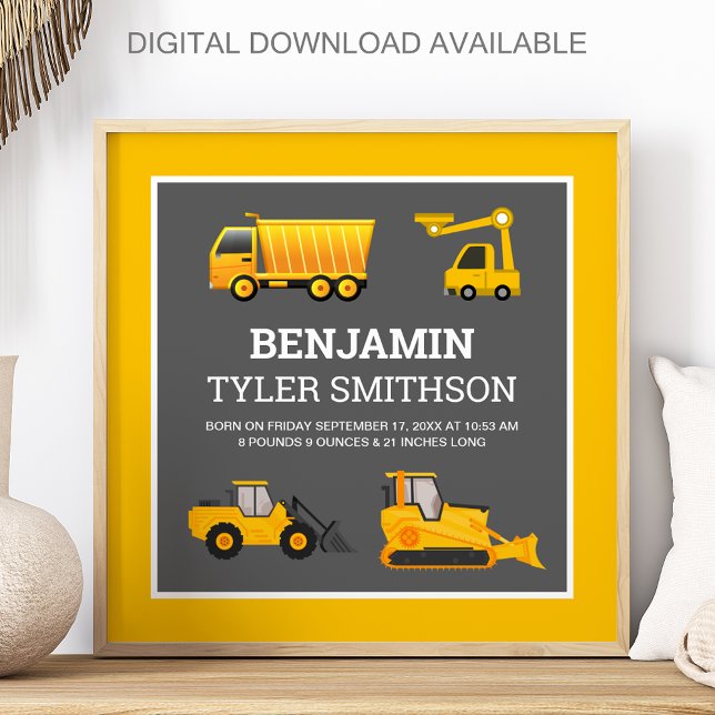 Excavator Dump Truck Construction Baby Birth Stats Poster (Creator Uploaded)