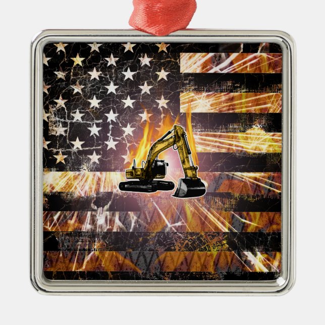 Excavator Flag Sparks Metal Ornament (Front)